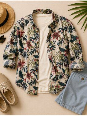 H&M L.O.G.G Floral Corduroy Button Up Shirt Men’s Medium Tropical Casual
